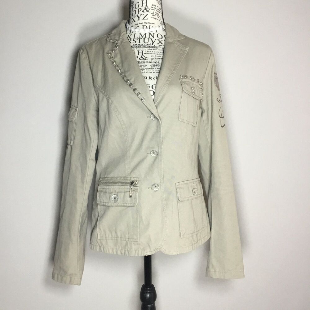 Khaki military style embellished jacket zipper studs details sleeve pocket M
